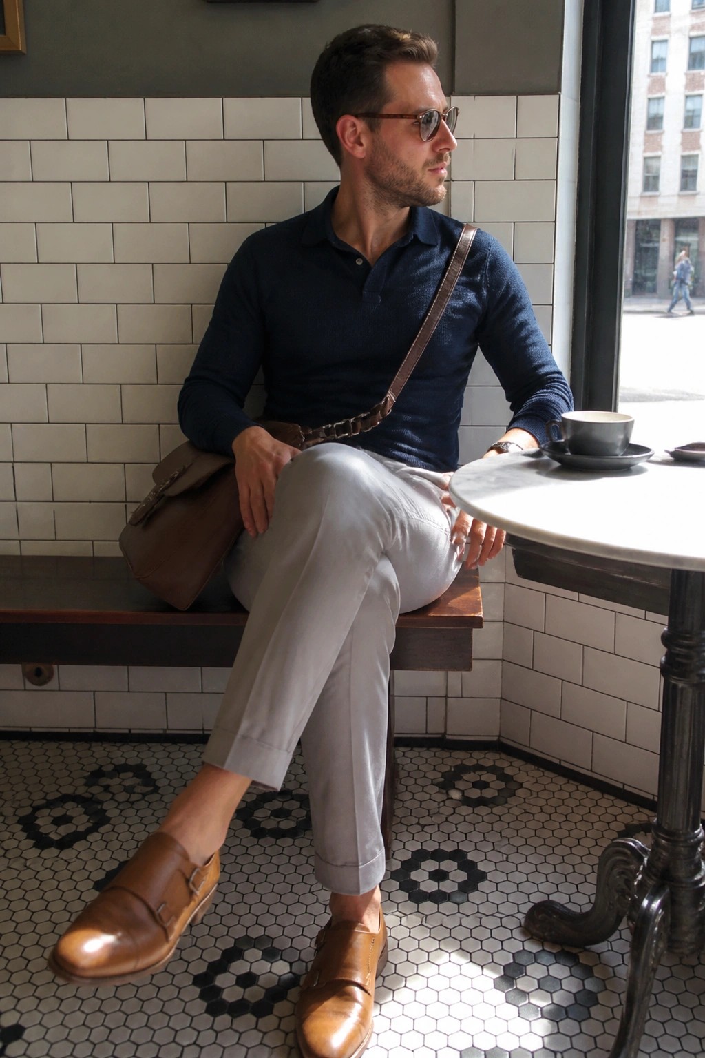 Man in navy polo, gray pants, and brown monk shoes with leather bag in cafe