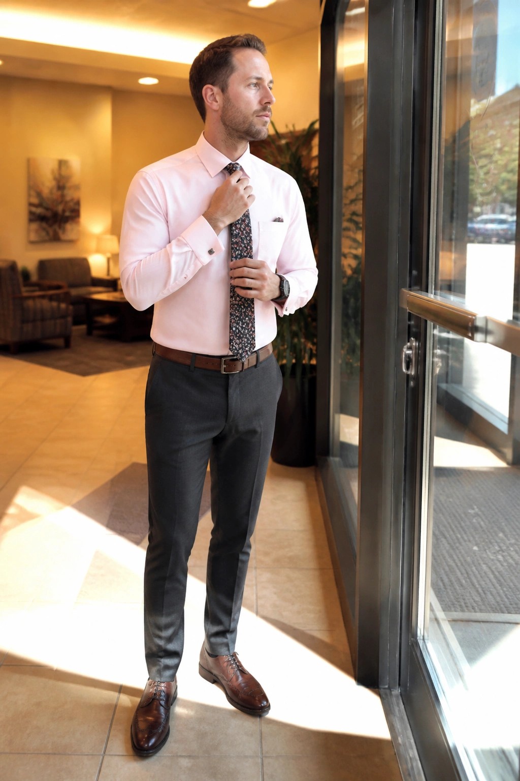 Man in pink shirt adjusting patterned tie in sunlit lobby by glass doors