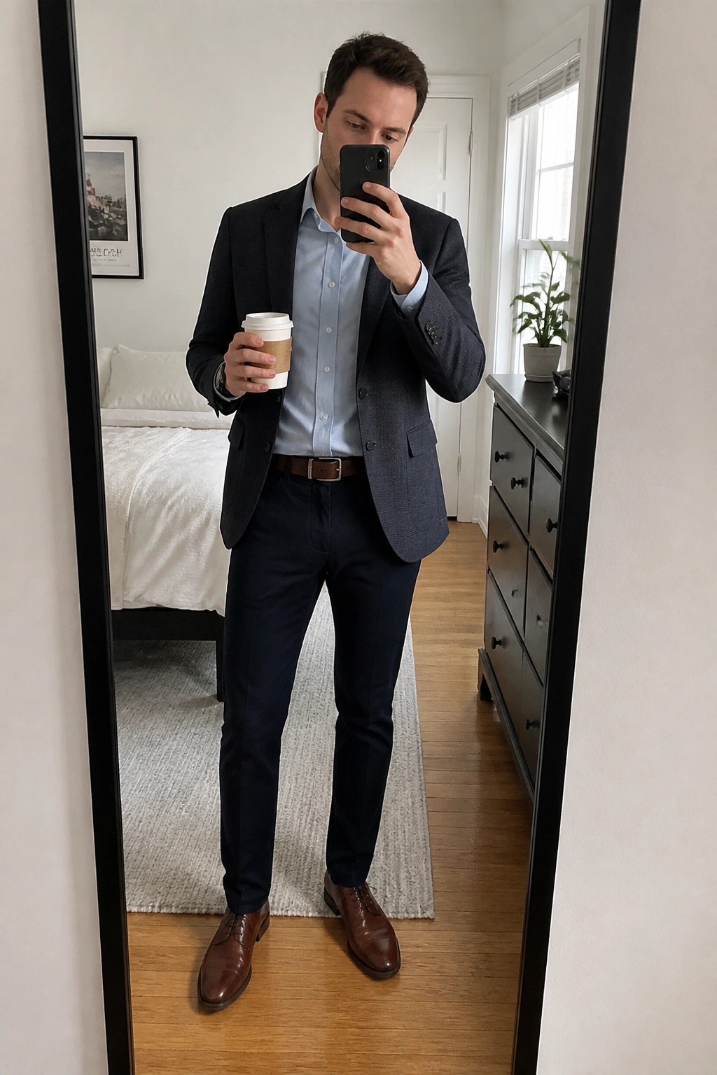 Man in navy blazer holding smartphone and coffee for mirror selfie