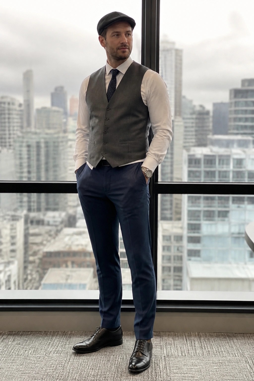 Man in gray vest, blue pants, and flat cap by city window