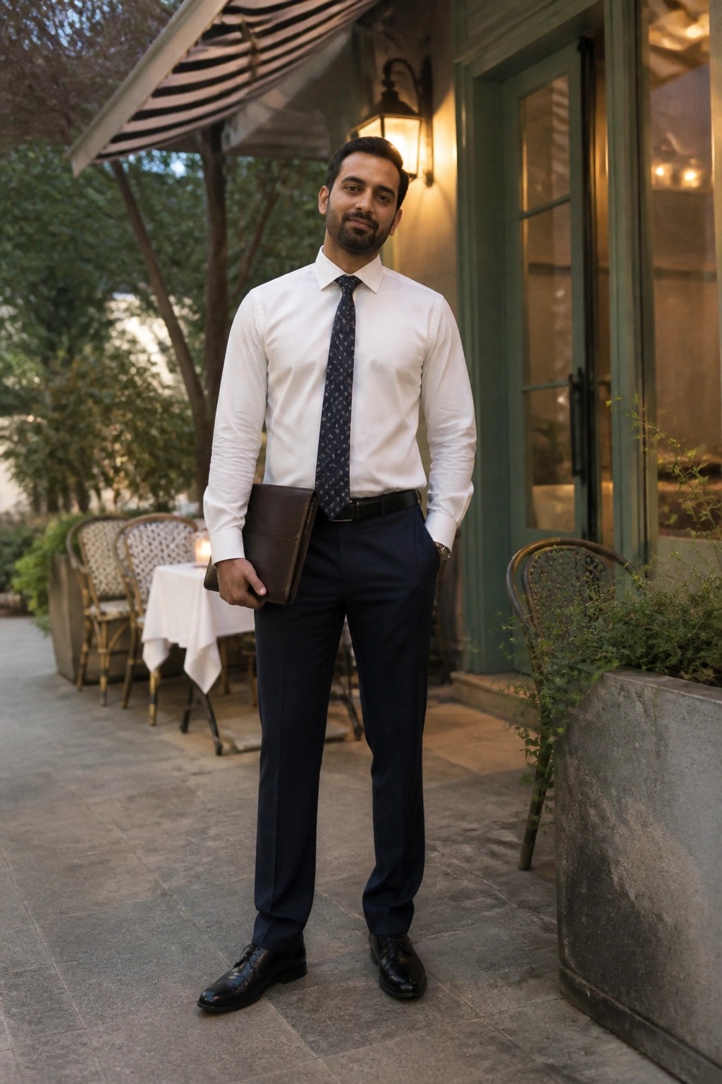 Man in white shirt and tie holding brown leather folder outside cafe