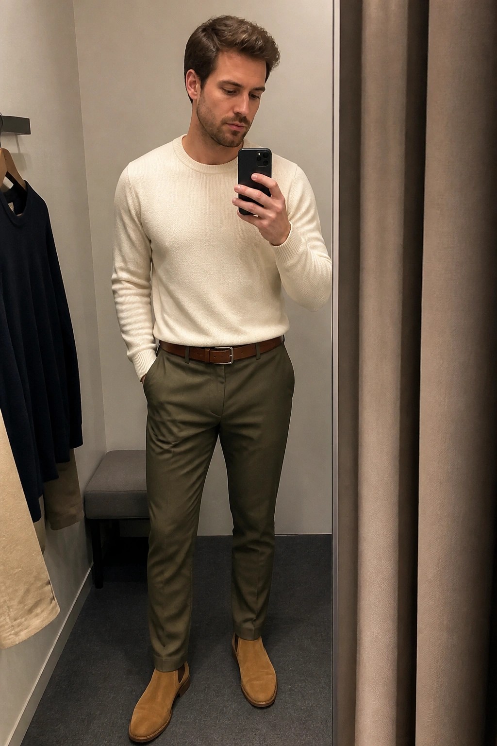 Man in cream sweater and olive pants taking mirror selfie in fitting room