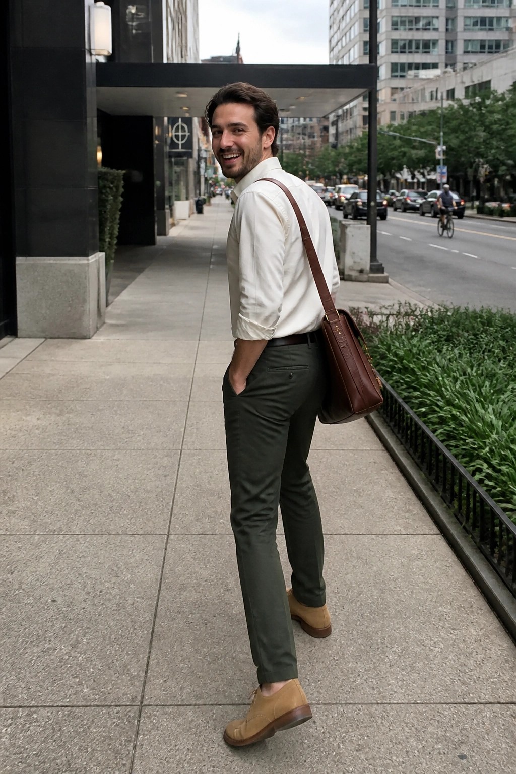 Smiling man in white shirt and green pants with brown leather bag on sidewalk