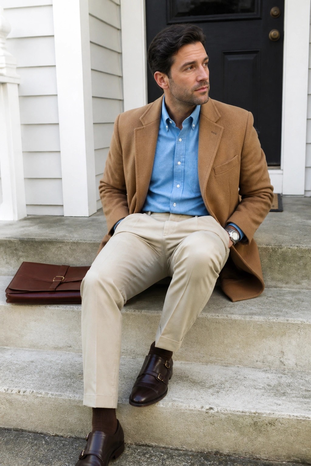 Man in camel coat, blue shirt, and khaki pants on steps beside briefcase