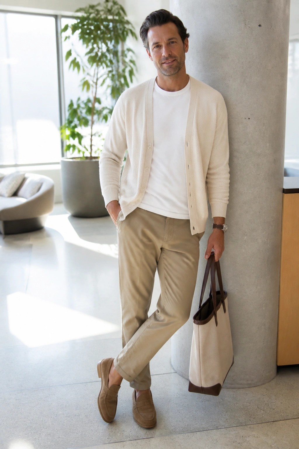 Man in cream cardigan and khaki pants holding canvas tote by concrete pillar.