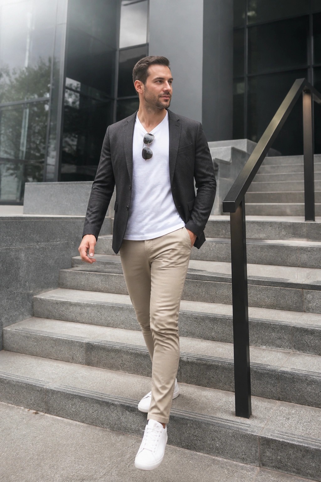 Man in gray blazer over white t-shirt and beige pants on stone stairs