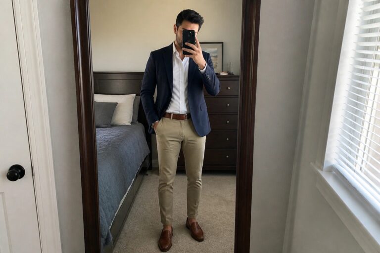 Man in navy blazer, white shirt, and khaki pants taking mirror selfie in bedroom