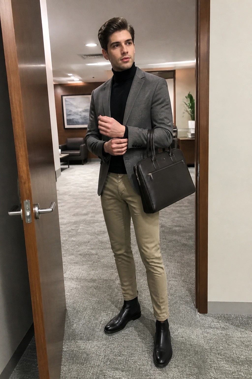 Young man in gray blazer and black turtleneck holding brown briefcase in office doorway