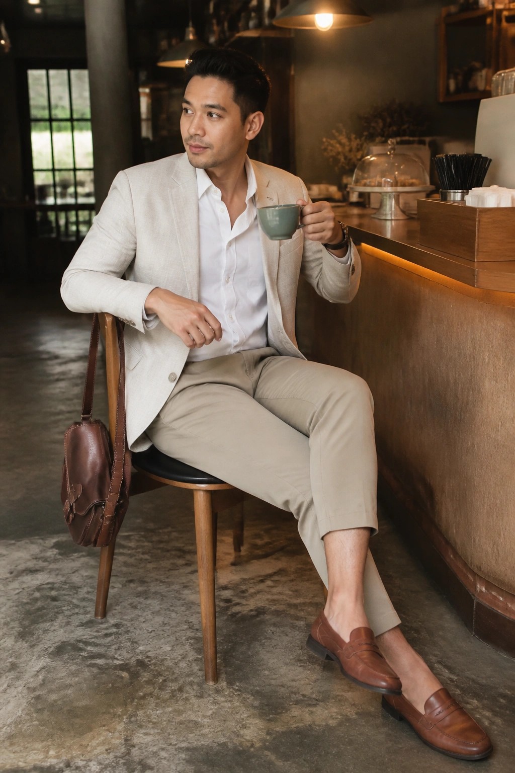 Man in beige blazer holding green cup at wooden cafe counter