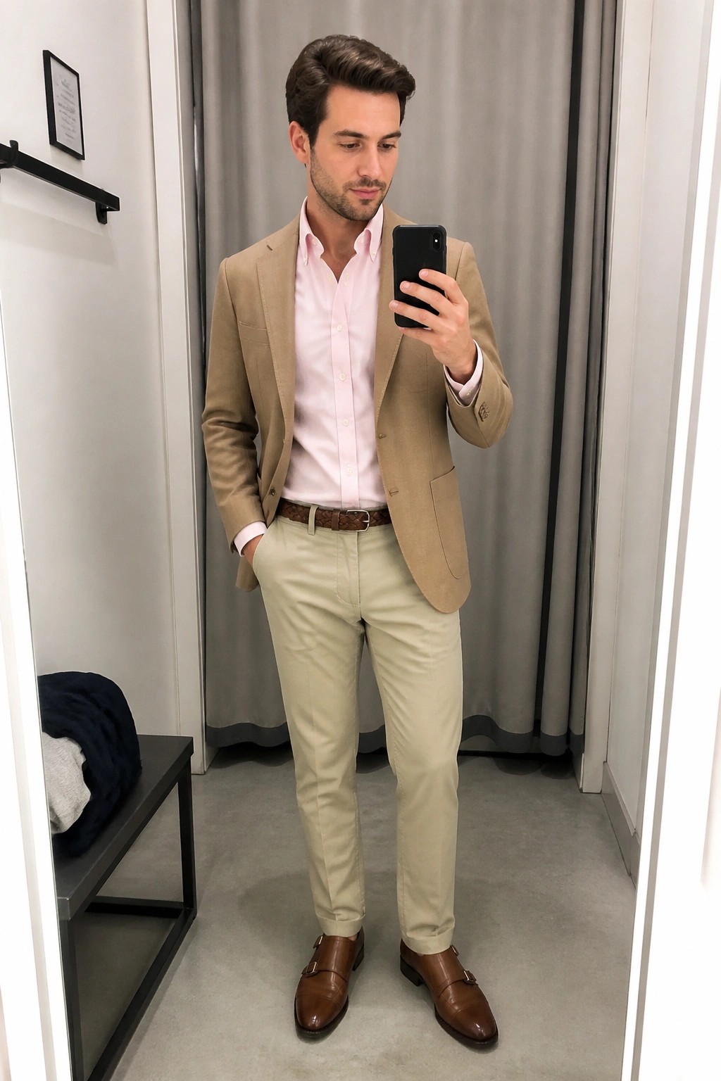 Man in tan blazer, pink shirt, khaki pants taking mirror selfie in fitting room