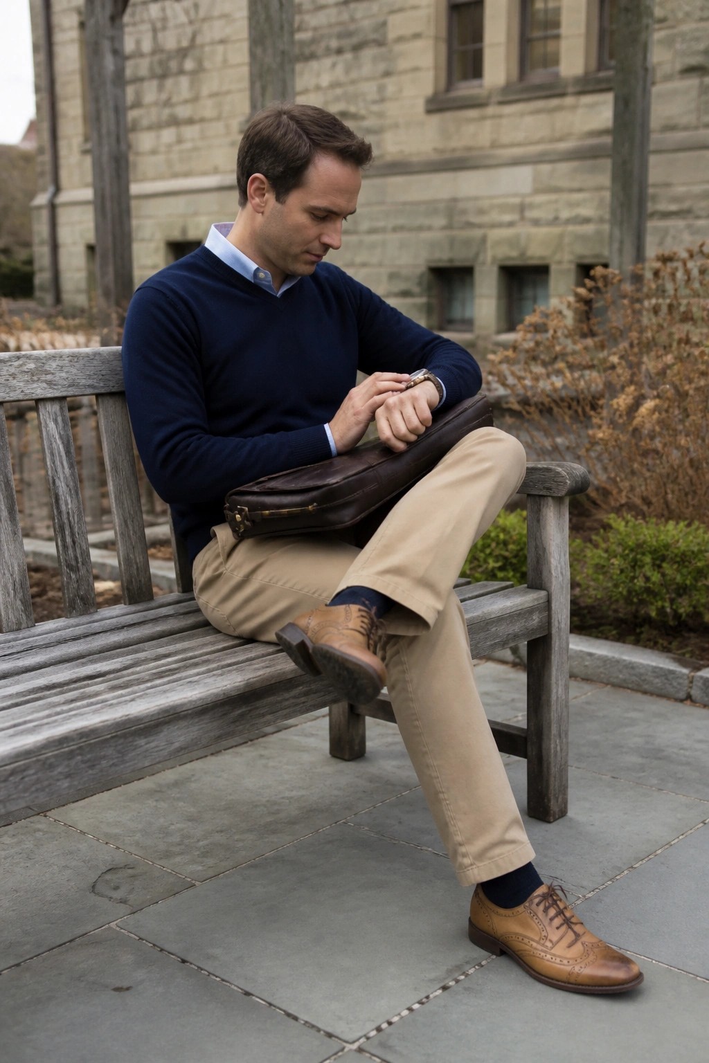Man in navy sweater checks watch on bench with leather briefcase on lap