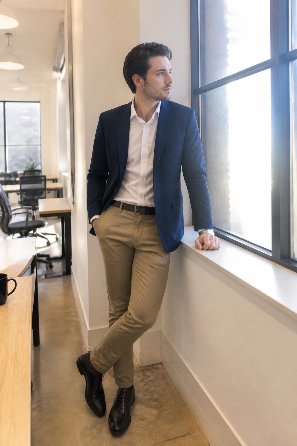 Man in navy blazer and khaki pants leaning on office windowsill by window.