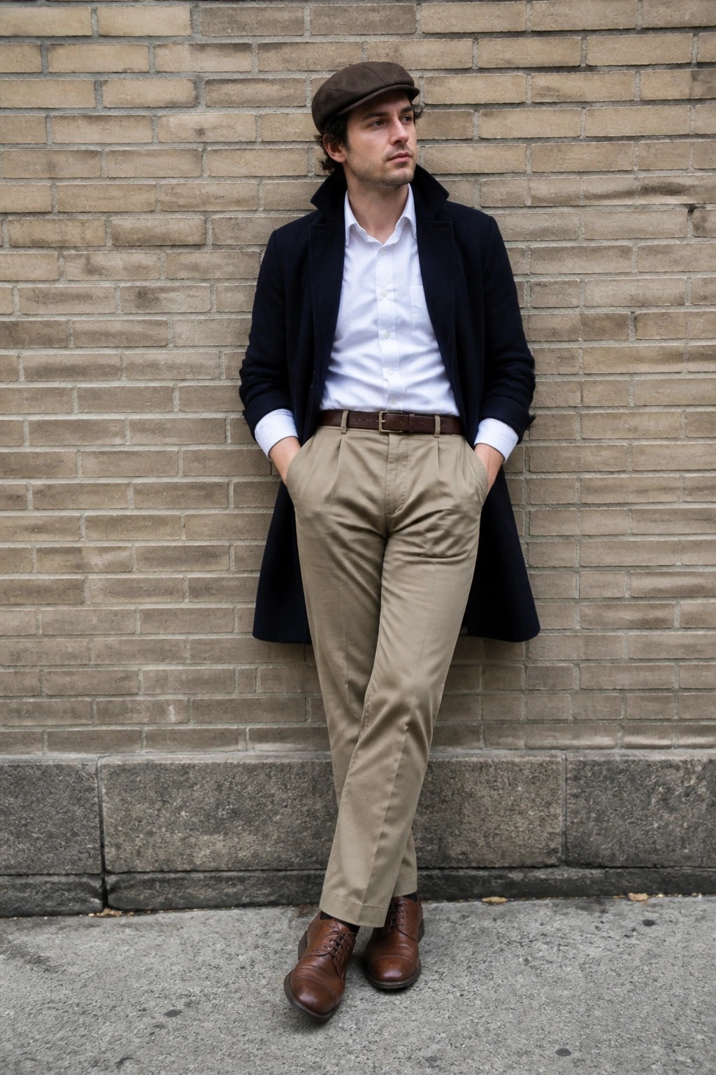 Man in brown cap, navy overcoat, white shirt and beige trousers by brick wall