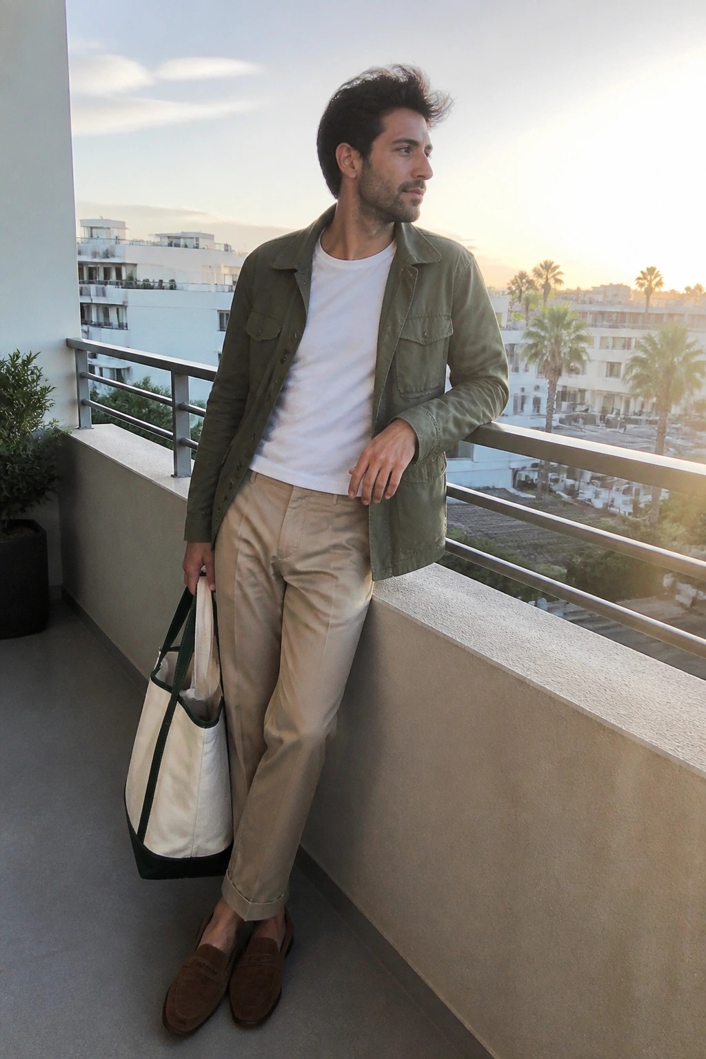 Man in green jacket and beige pants holding tote bag on sunset balcony