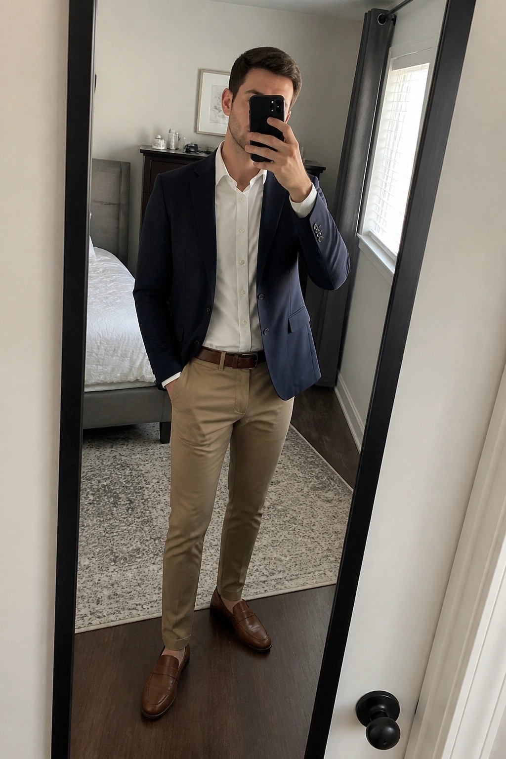 Man in navy blazer, white shirt, and khaki pants taking mirror selfie in bedroom