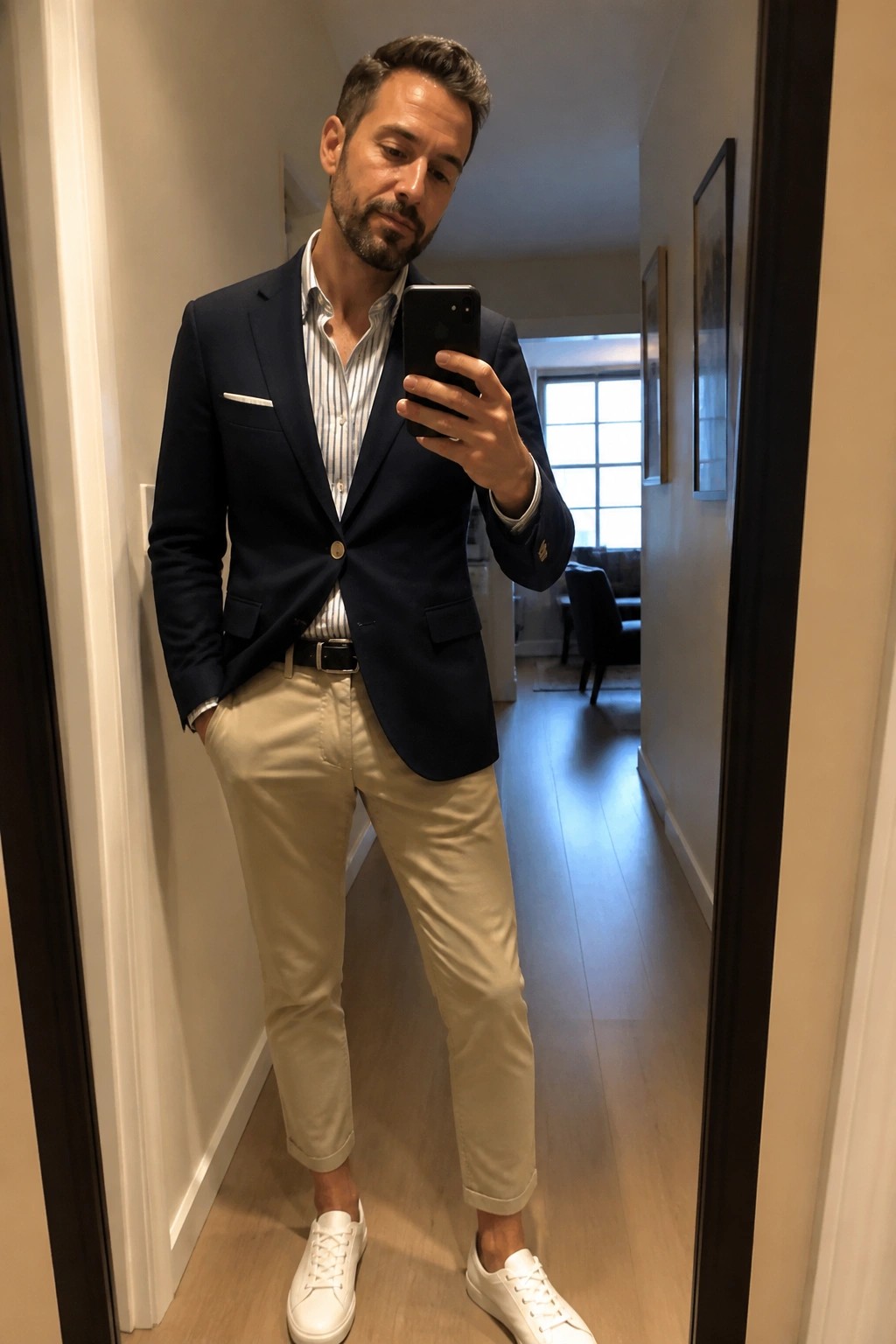 Man in navy blazer and beige pants taking mirror selfie with phone