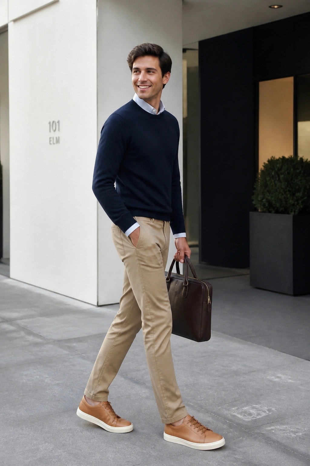 Smiling man in navy sweater and khaki pants holding brown leather briefcase