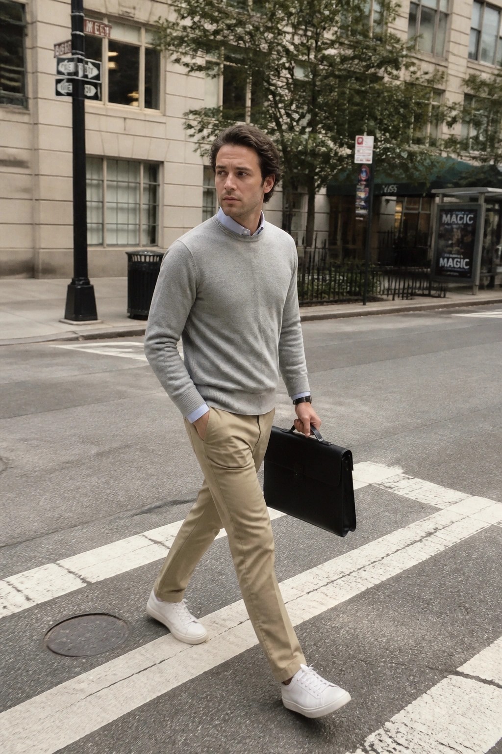 Man in gray sweater and khaki pants crosses city street with black briefcase