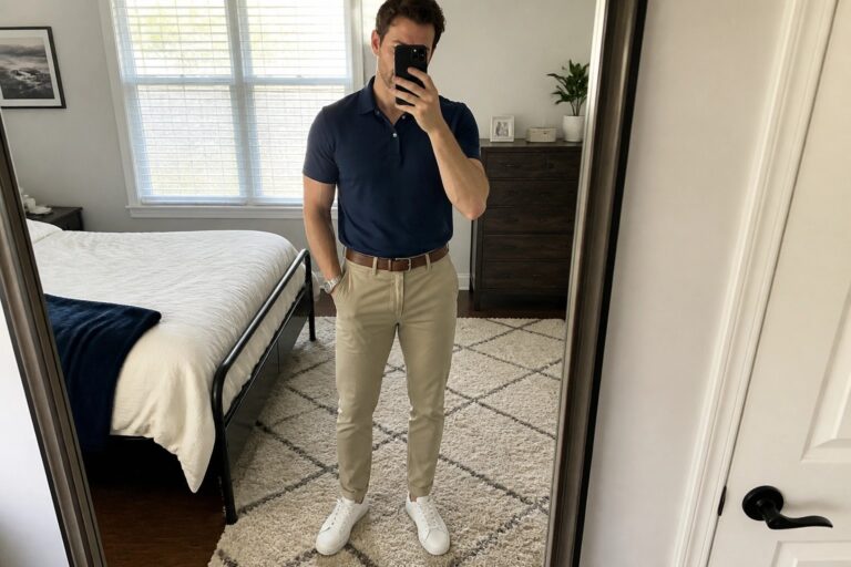 Man in navy polo shirt and beige pants taking bedroom mirror selfie.