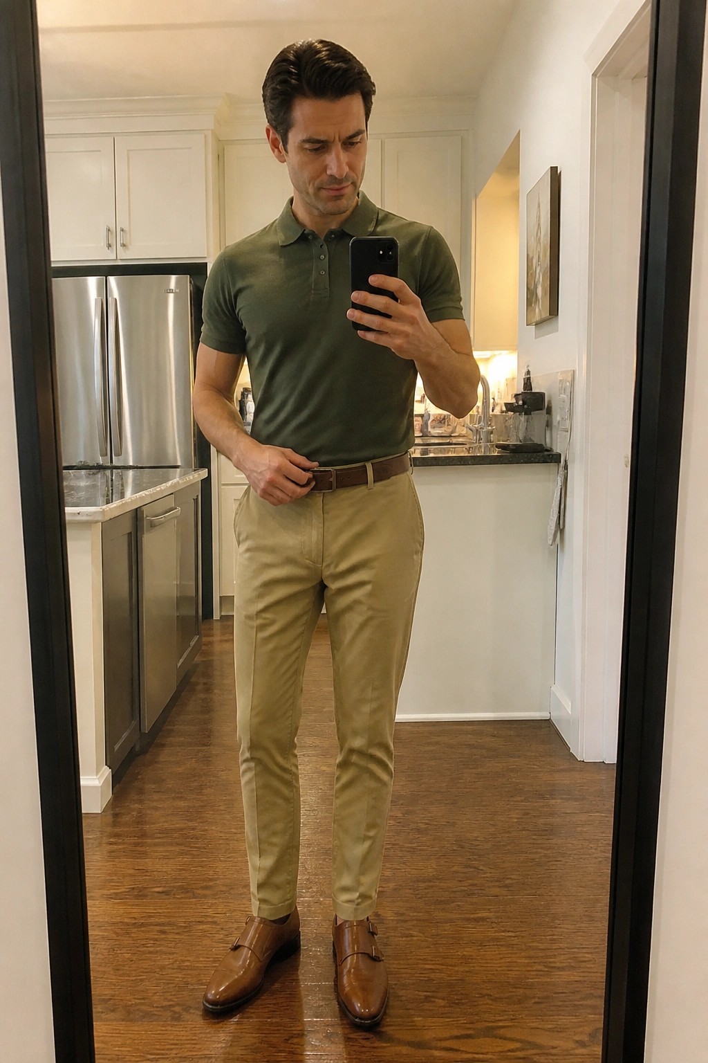 Man in green polo and khakis taking mirror selfie in kitchen