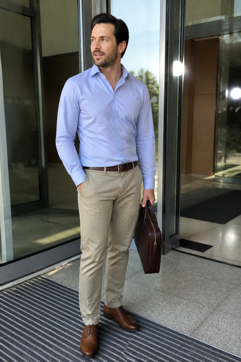 Man in light blue shirt and khaki pants holding brown briefcase at entrance