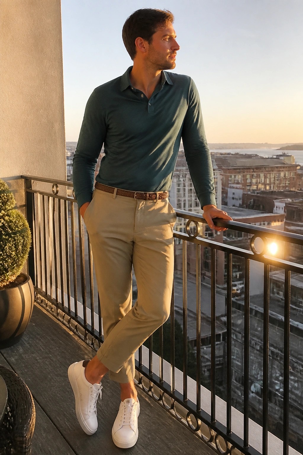 Man in teal polo and khaki pants leans on city balcony at sunset