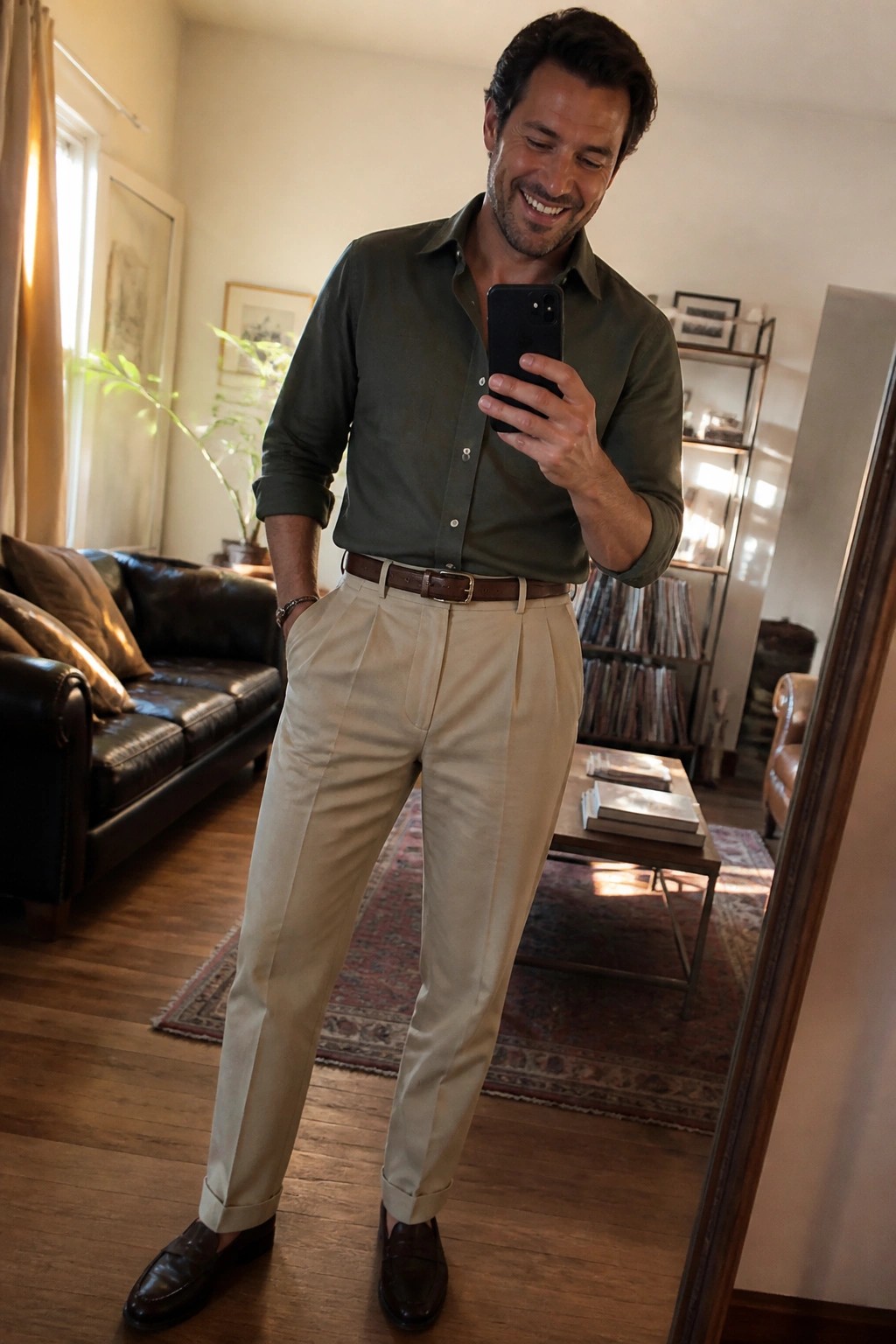 Man wearing olive green button down shirt tucked into pleated khaki pants with brown belt and dark brown loafers while holding a phone.