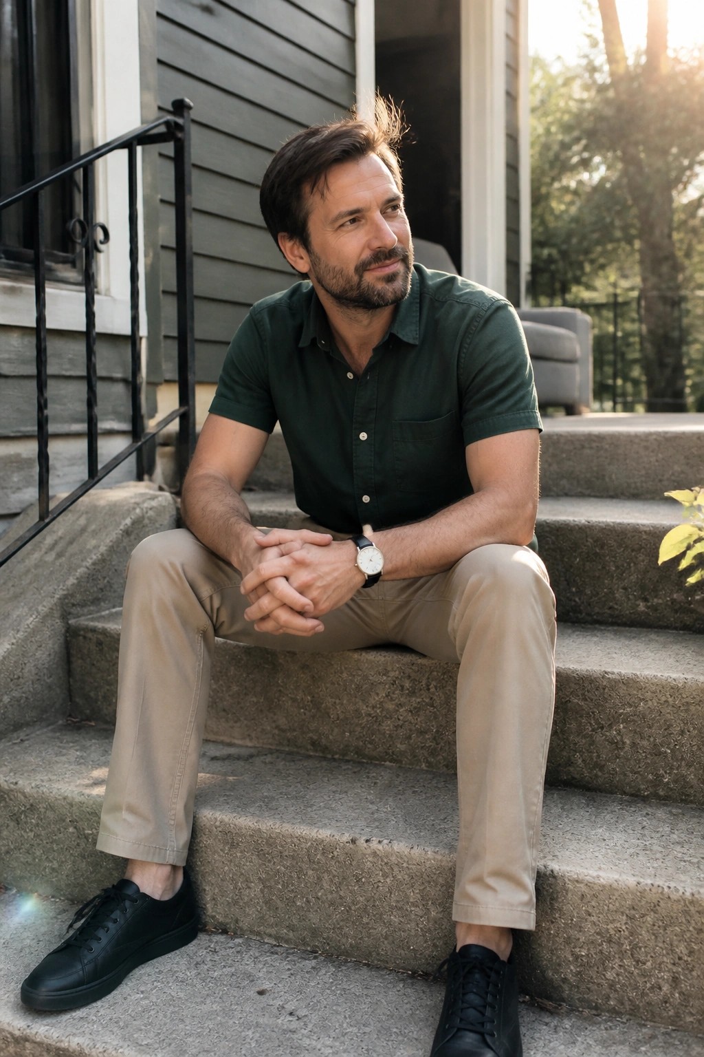 Man in green shirt and beige pants sitting on stone house steps with hands clasped.