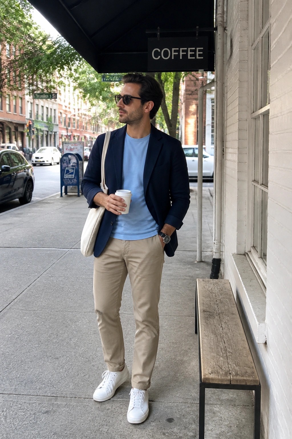 Man in navy blazer, light blue tee, and khaki pants holding coffee on sidewalk.