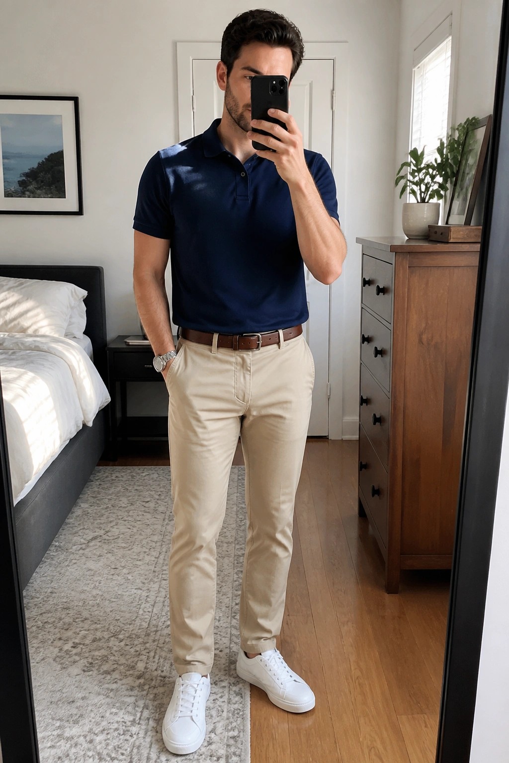Man in navy polo shirt and beige pants taking bedroom mirror selfie.
