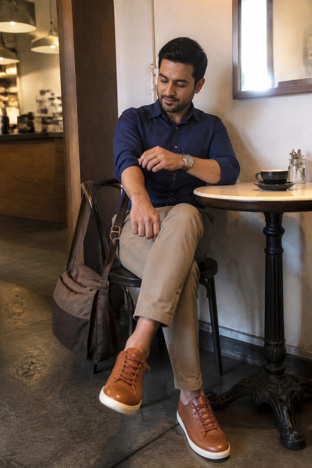 Man in blue shirt checks watch at cafe table with coffee and bag