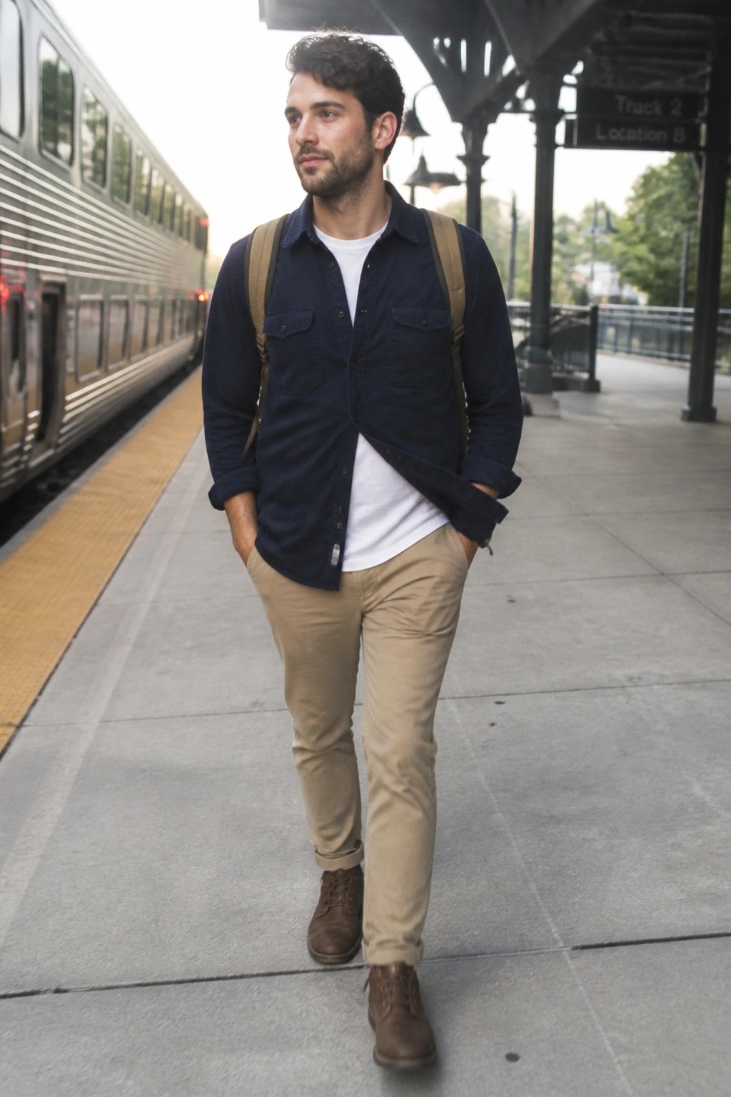 Man in navy shirt and khaki pants with backpack on train platform.