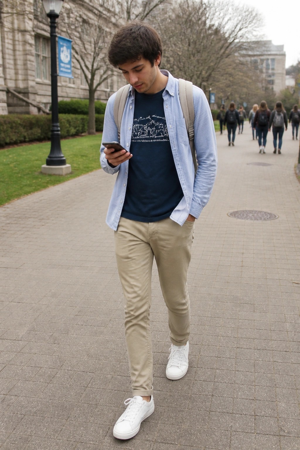 Young man in light blue shirt and khaki pants checks phone on campus path