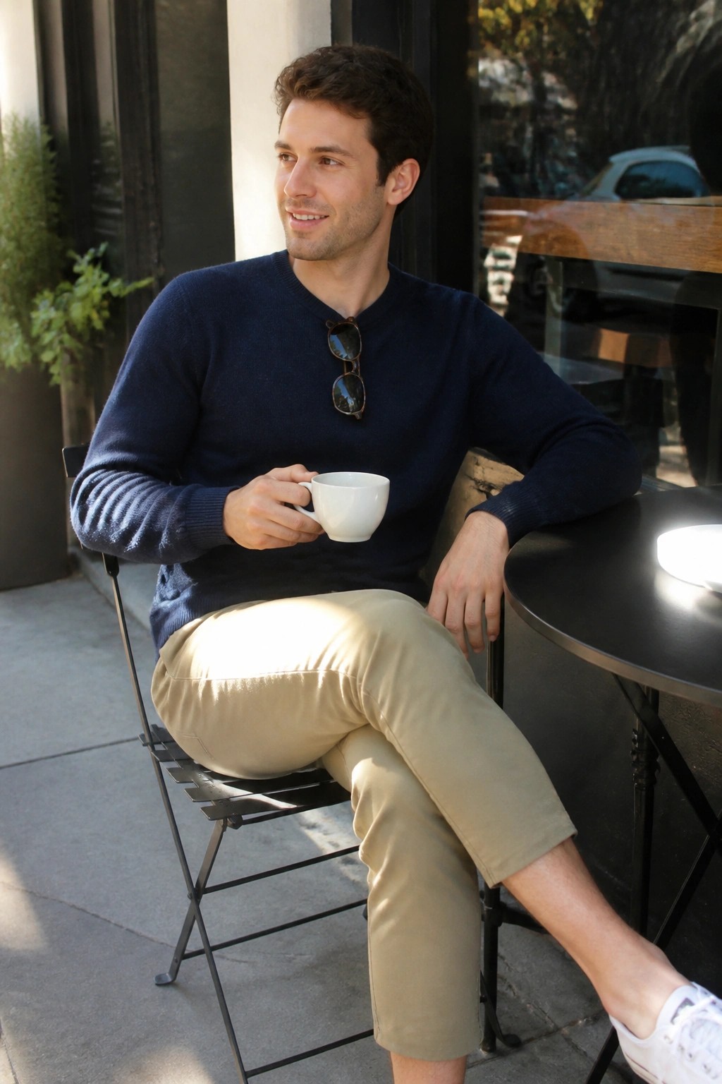 Man in navy sweater and beige pants holding white coffee cup at sunny cafe