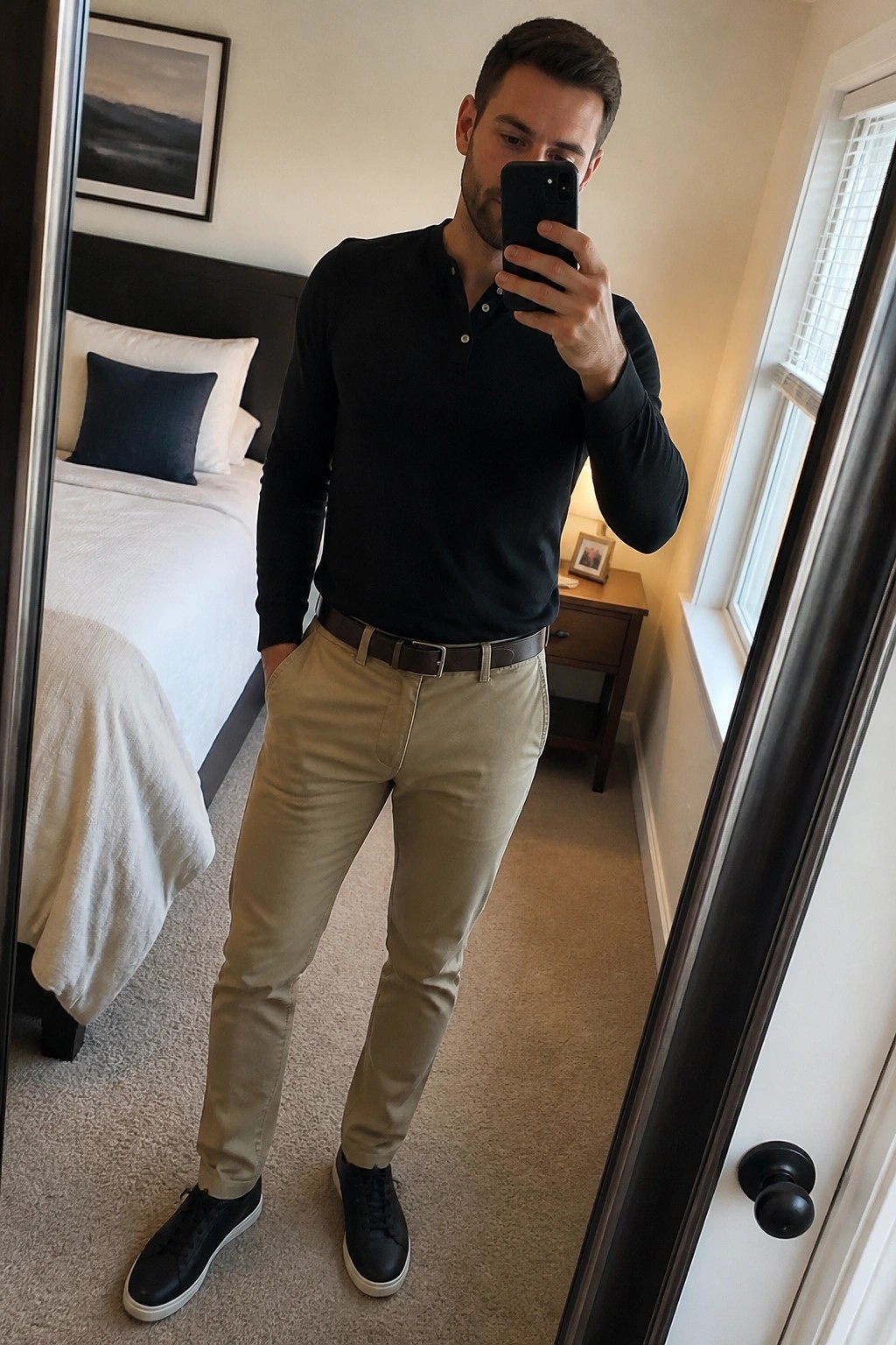 Man in black polo shirt and khaki pants taking mirror selfie in bedroom