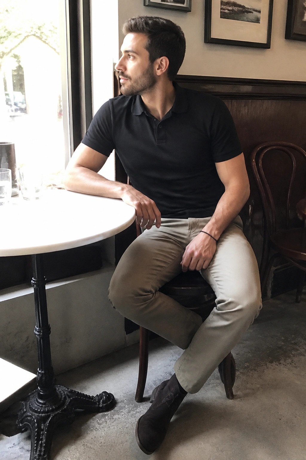 Man in black polo shirt and beige pants seated on stool in cafe