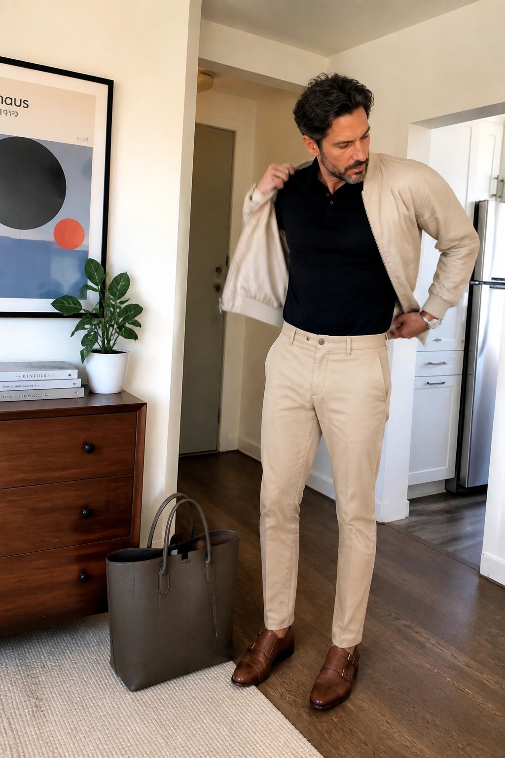 Man in beige bomber jacket over black polo shirt adjusting collar beside gray tote bag