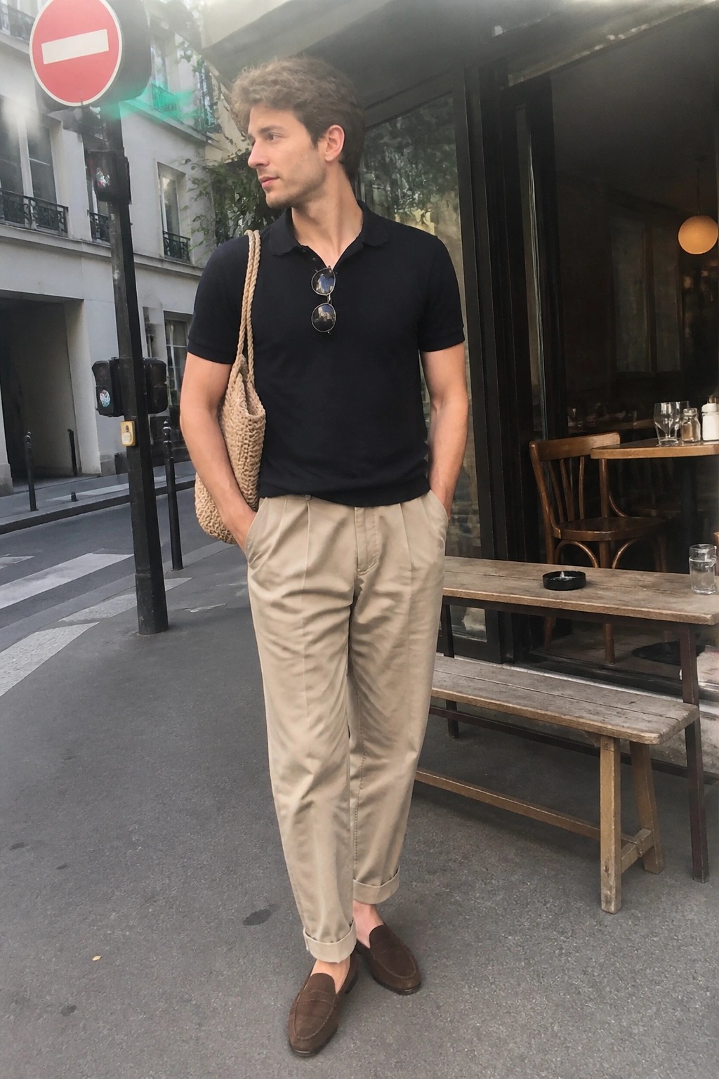 Man in black polo and beige pants with woven bag on city street