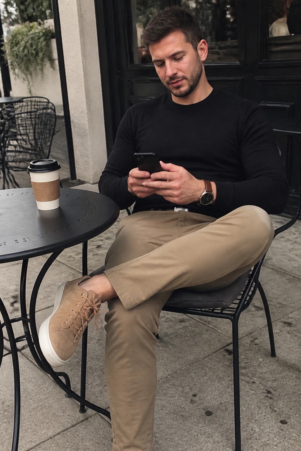 Man in black shirt and tan pants using smartphone at cafe table with coffee.