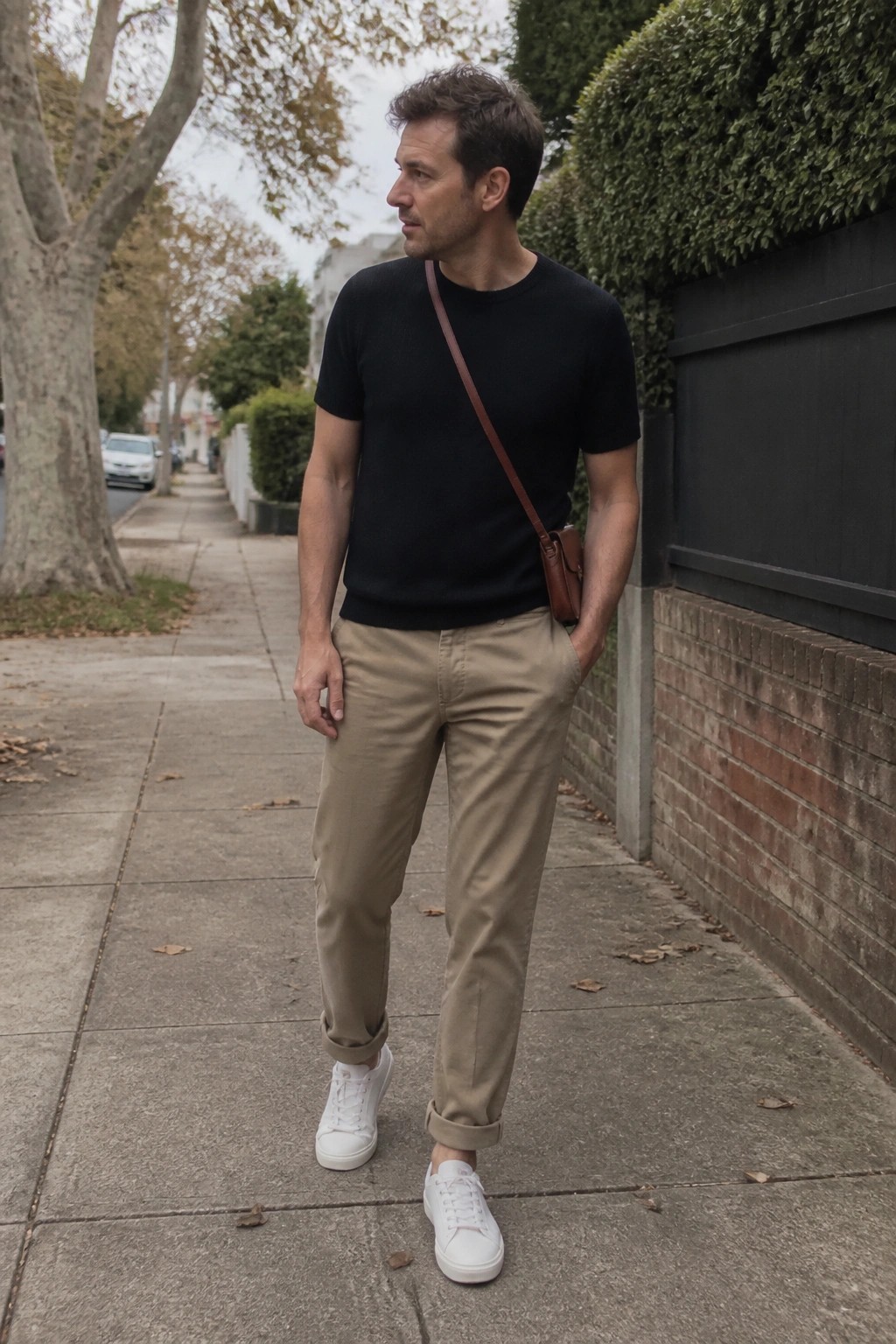 Man in black t-shirt, khaki pants, white sneakers with brown crossbody bag on sidewalk