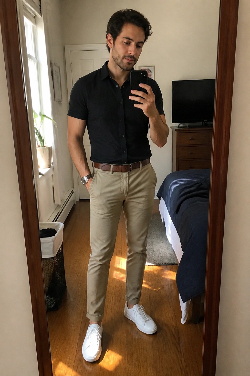 Man in black shirt and khaki pants taking mirror selfie in bedroom