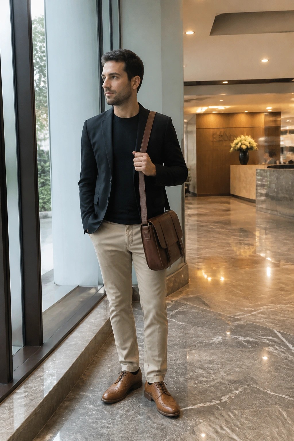 Man in black blazer and beige pants with brown leather messenger bag in lobby
