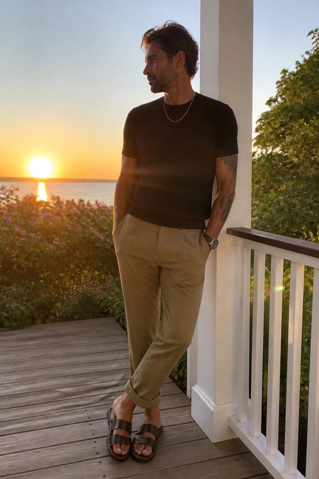 Man in black shirt and khaki pants leaning on porch railing at sunset.