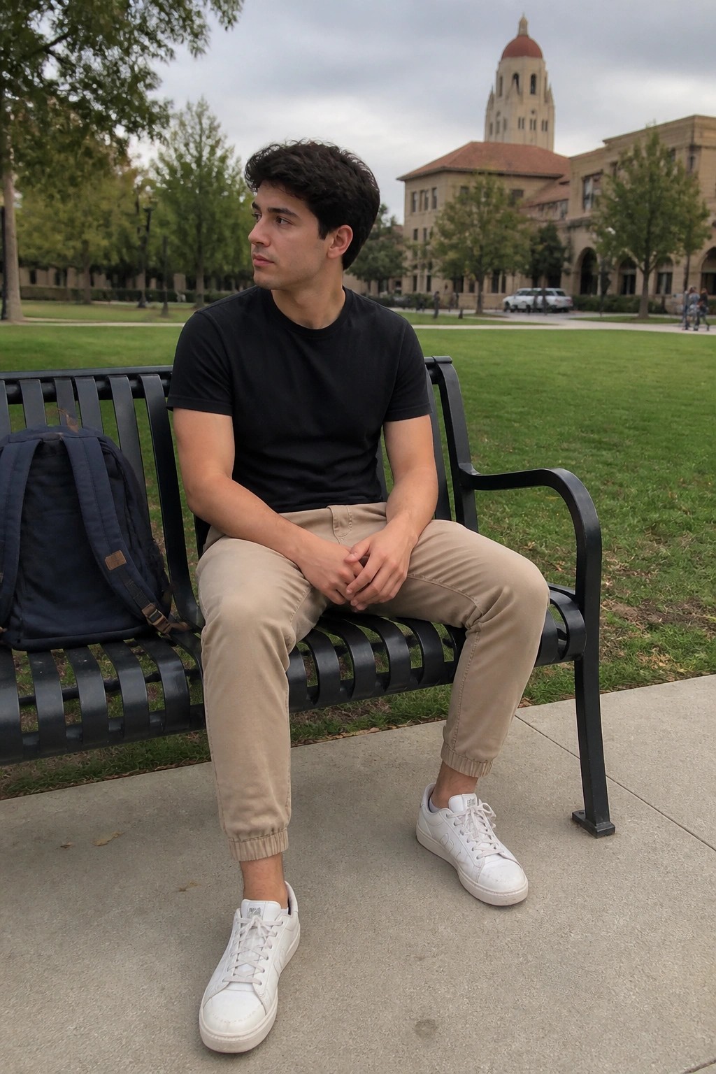 Young man in black t-shirt and beige pants sits on bench with blue backpack