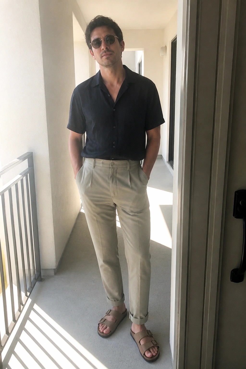 Man in navy shirt and beige pants with sunglasses on sunlit balcony.
