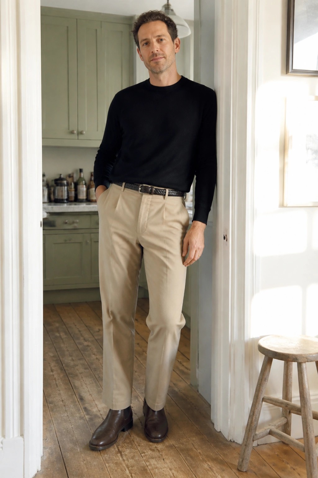 Man in black crewneck sweater tucked into pleated khaki pants with black braided belt and brown leather Chelsea boots standing in a doorway.