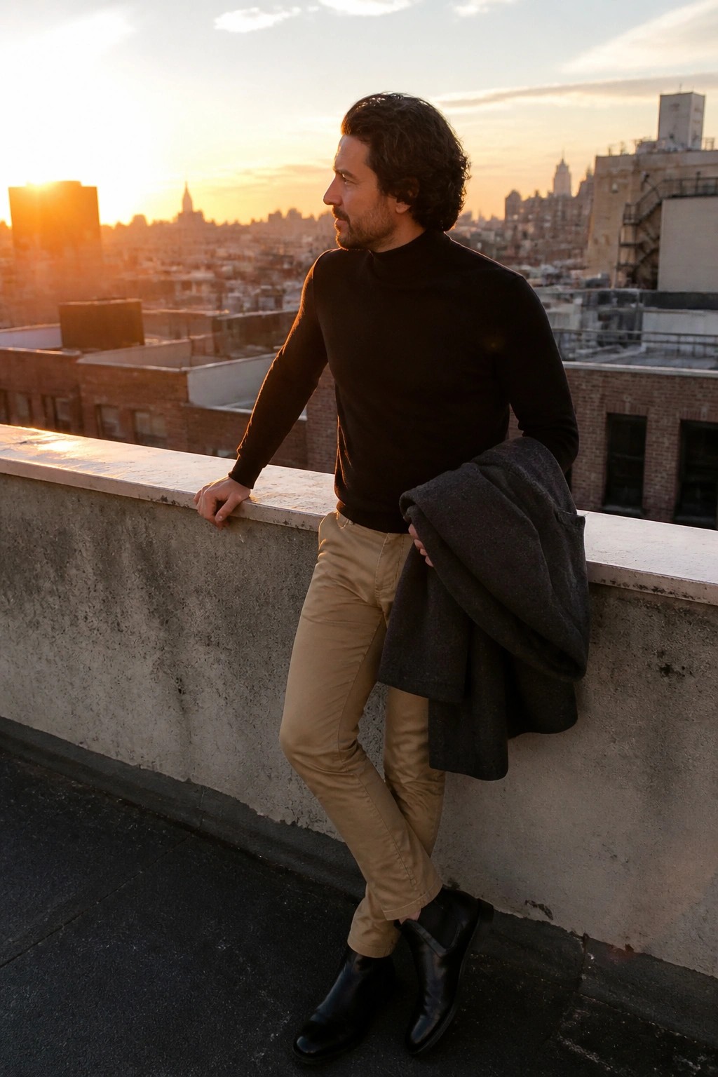 Man in black turtleneck holding gray coat on sunset city rooftop ledge