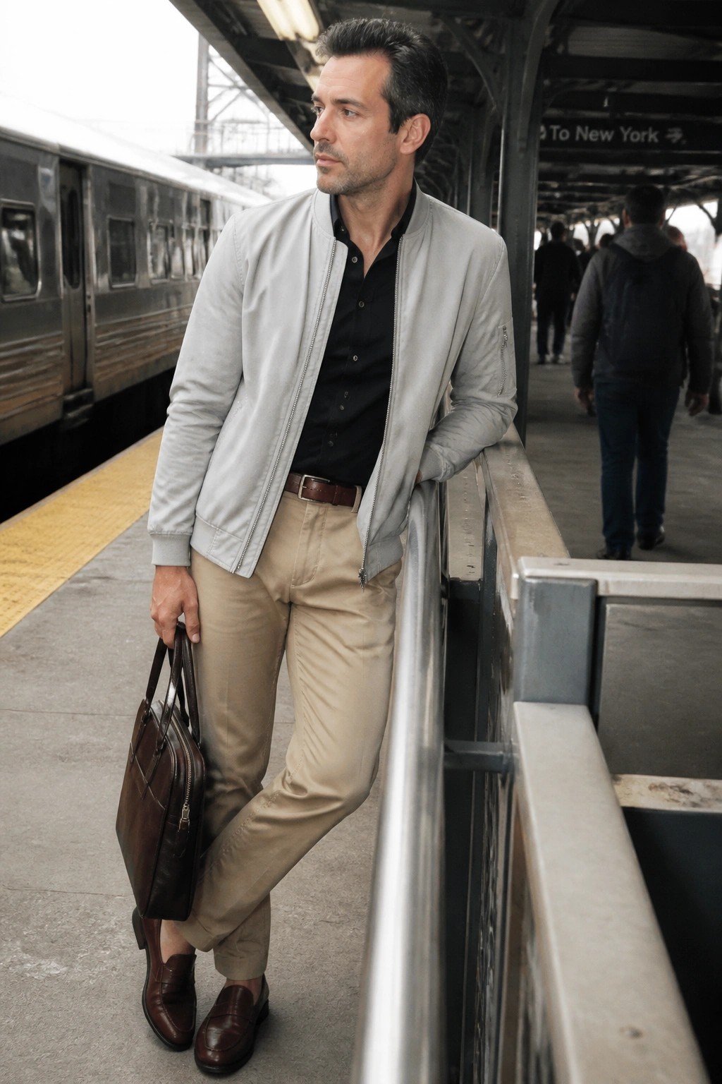Man in gray bomber jacket and khaki pants holding briefcase on train platform