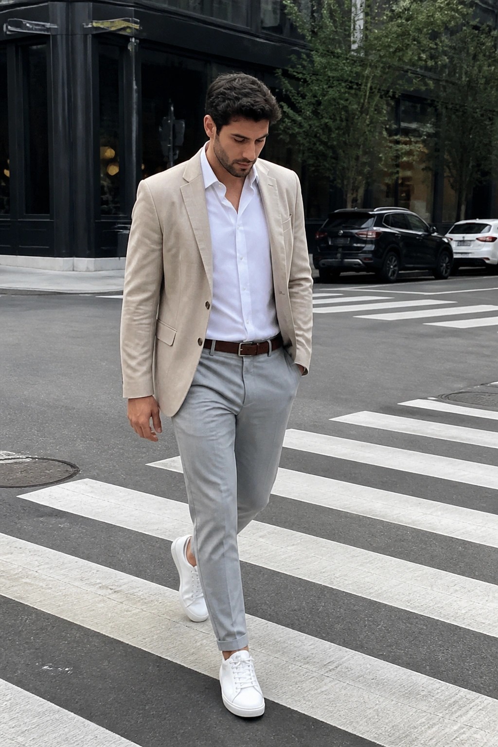 Man wearing a beige blazer over a white shirt with light gray tapered pants, brown belt, and white sneakers while crossing a street.