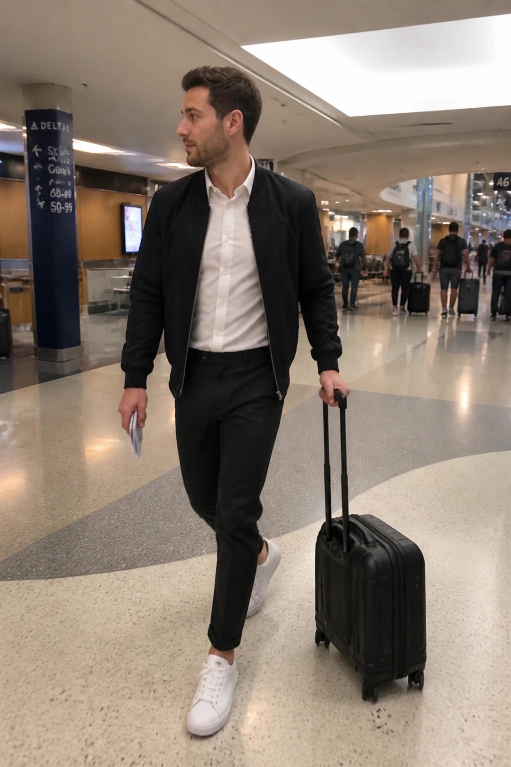 Man in black bomber jacket pulling suitcase through airport terminal